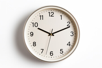 White cream wall clock with a plastic rim, isolated on a white background, computer Generative AI stock illustration image