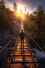 Traveler standing on rope bridge, sunshine - obrazy, fototapety, plakaty