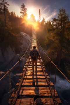 Fototapeta Traveler standing on rope bridge, sunshine