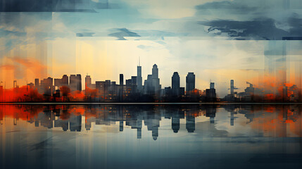 Fototapeta na wymiar colored abstract city skyline with reflection - modern digital painting - generative AI