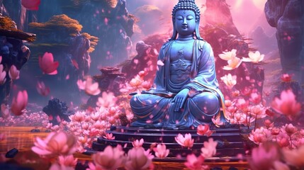 Buddha statue with pink sakura blossom background, 3d illustration