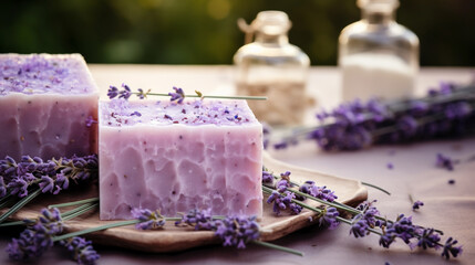 Obraz na płótnie Canvas Handmade soap bars with lavender flowers.Generative AI