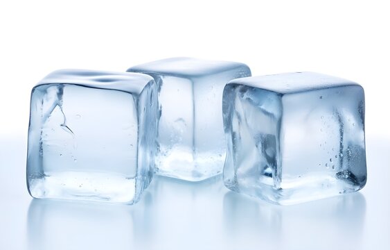 Three melting ice cubes on white background