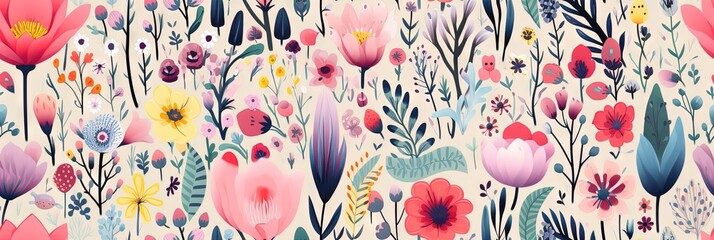 Abstract childish, cute and fun colorful dreamy garden floral seamless pattern wallpaper background with flowers and critters. Generative AI, AI - obrazy, fototapety, plakaty