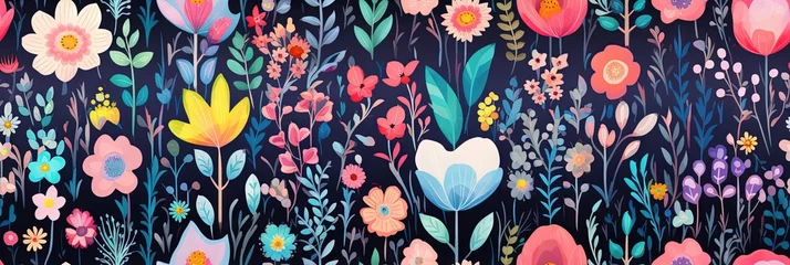 Wandcirkels plexiglas Abstract childish, cute and fun colorful dreamy garden floral seamless pattern wallpaper background with flowers and critters. Generative AI, AI © Merilno