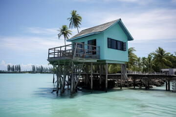 Tropical Tranquility: Aqua Blue Stilt House Overlooking Turquoise Waters Amidst Palm Trees, ai generative