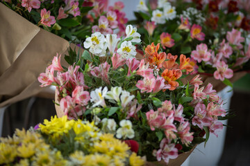 Colorful alstroemerias on the stand in the flower shop. Showcase. Floral shop and delivery concept. Flowers market on the street. Many alstroemeria flowers growing in pots for sale in florist's shop.