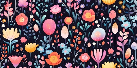 Abstract childish, cute and fun colorful dreamy garden floral seamless pattern wallpaper background with flowers and critters. Generative AI, AI