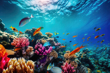 Naklejka na ściany i meble Underwater world with coral reefs teeming with diverse marine life