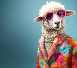Creative animal concept. Sheep Lamb in glam fashionable couture high end outfits isolated on bright background advertisement, copy space. birthday party invite invitation banner	
 - obrazy, fototapety, plakaty