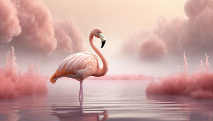 Pink flamingos in the lake with clouds