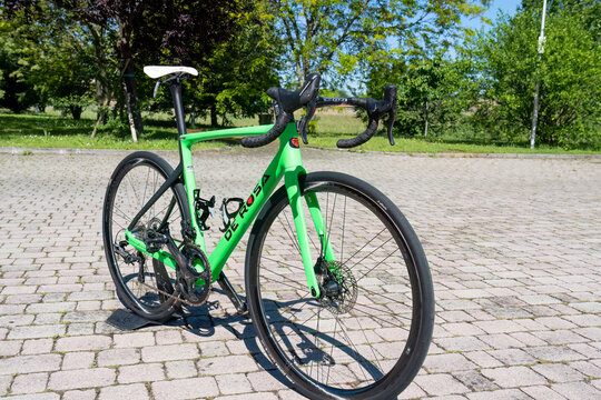 Montecchio Emilia, Emilia-Romagna Italy - May 17 2023: green 70 Super Record EPS Bike De Rosa carbon frame racing bike from the 2023 Giro d'Italia, a three-week Grand Tour cycling stage race