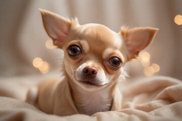 Closeup portrait of small funny beige mini chihuahua dog - obrazy, fototapety, plakaty