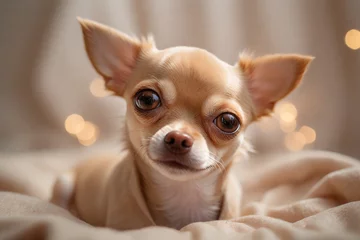 Keuken spatwand met foto Closeup portrait of small funny beige mini chihuahua dog © Natalia Prasm