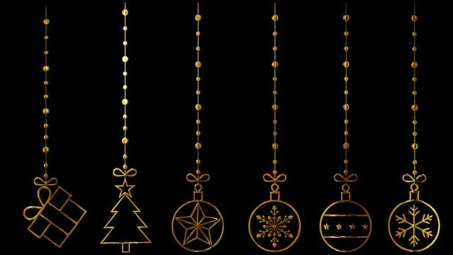 golden metallic Christmas and new year elements hanging on transparent background, 4k loop animation design element 