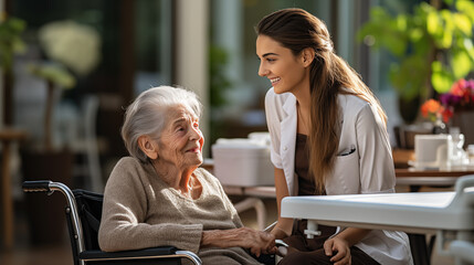 Candid photography of the Caring medical worker embraces an elderly patient at modern gerontological medical centre