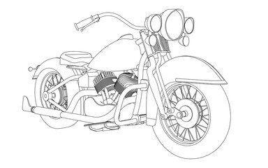 Coloring page. Line drawing of a motorbike. Classic American motorcycle in cartoon style. Coloring book for children.