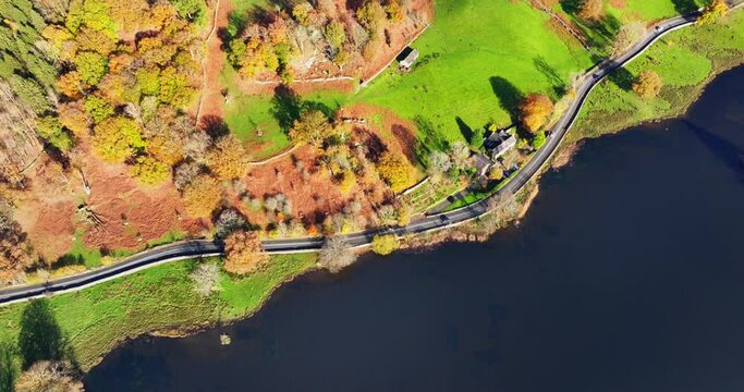 Bird's eye view over the countryside road of Rydal, in the lake district area of Cumbria. 