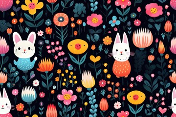 Fototapeta premium Abstract childish, cute and fun colorful dreamy garden floral seamless pattern wallpaper background with flowers and critters. Generative AI, AI