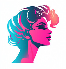 young woman's head in 80s synthwave screenprint aesthetic