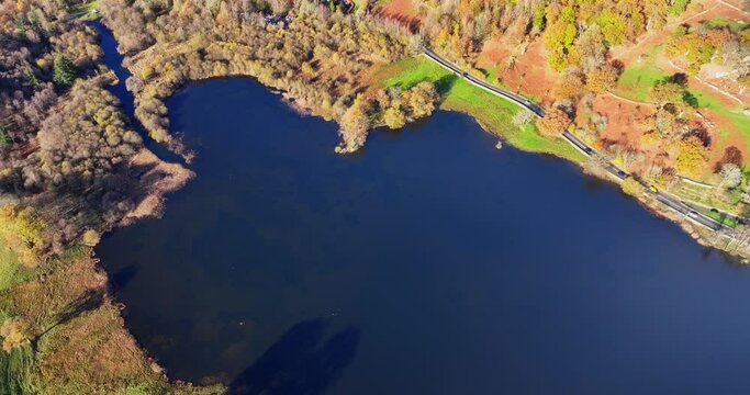 Bird's eye view over the countryside road of Rydal, in the lake district area of Cumbria. 