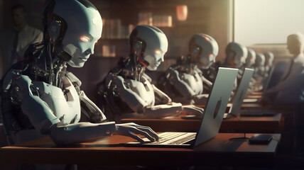 Fototapeta na wymiar Humanoid robot office workers working on a laptop computer while networking on the internet using machine learning technology, computer Generative AI stock illustration image