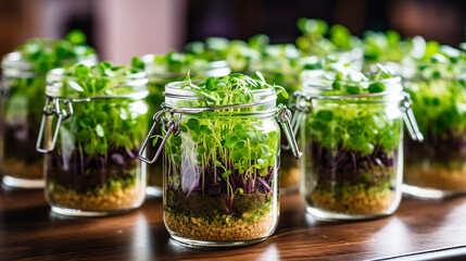 close-up of microgreens growing in glass jars.Generative AI - obrazy, fototapety, plakaty