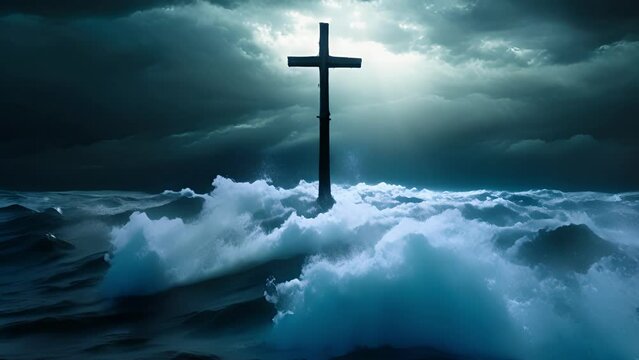 Concept photo of a cross surrounded by a dark stormy sea, but still standing strong and resolute as a symbol of unwavering faith through difficult times.