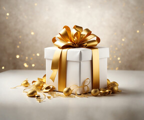 Golden Gift Box, Golden Bow, Shiny and Elegant Modern Photography