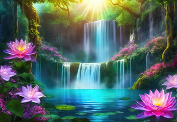 Paradise landscape with beautiful  gardens, waterfalls and flowers, magical idyllic background with many flowers in eden.