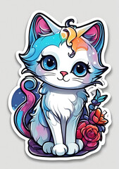 Cute kitten head with fantasy flowers around suitable for sticker, clip art, vintage t-shirt design. Generative Ai.