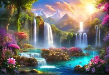 Paradise landscape with beautiful  gardens, waterfalls and flowers, magical idyllic background with many flowers in eden.