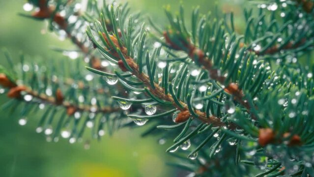 Drops of water on the pine tree branches after the rain. Slow motion, macro shot. 