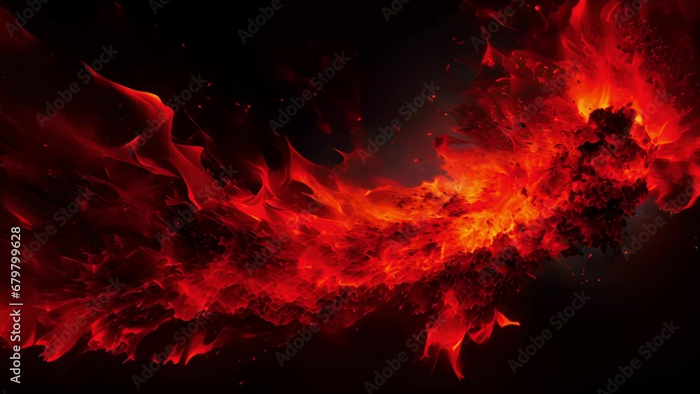 Poster An explosion of fiery red particles, suspended in a black void, creates a sense of chaos and movement. The particles seem to defy gravity, twisting and turning in a mesmerizing dance.