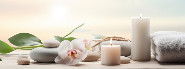 light background spa background with towels and candles and stones.Generative AI