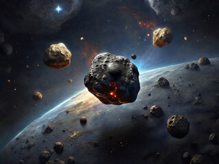 Asteroid mit vielen chemischen Verbindungen wie FE oder H2O treibt im Weltall umher und kann von einem Raumschift als Ressourcenquelle genutzt werden. - obrazy, fototapety, plakaty