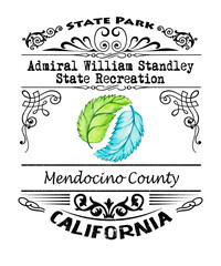 Admiral William Standley State Recreation Area California graphic illustration.  Located in Mendocino County California is great for outdoor recreation of all kinds.  Black text typography design.