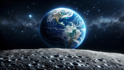 Earth View from Moon, Earth rising over lunar horizon, stars, Space Exploration Concept Art, Generative AI