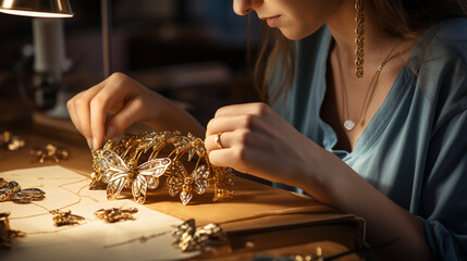 female jewellery designer creating a beautiful unique handmade piece of gold jewellery