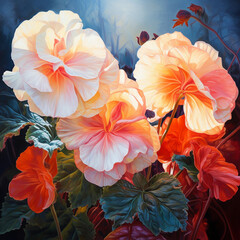 Beautiful begonia flowers, close-up, digital oil painting, printable square wall art