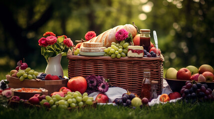 a picnic basket overflowing with delicious food. a delicious picnic.Generative AI