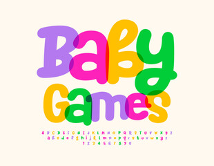 Vector artistic sign Baby Games. Watercolor playful Font. Funny bright Alphabet Letters and Numbers.