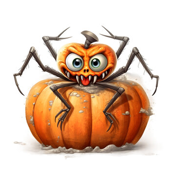 Watercolor cute clipart halloween spider with pumpkin on on transparent background. sublimation, tshirt, mug, pillow, tumbler, print
