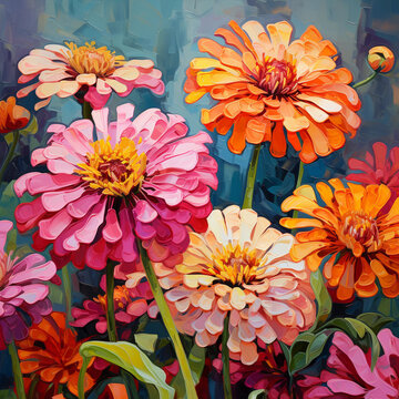 Digital oil painting of colorful cinnia flowers on a blue background, close-up, impasto, square printable wall art