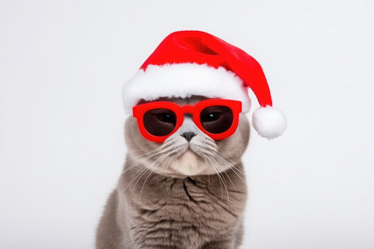 Funny cat wearing red sunglasses and santa hat on white background