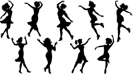 Stylish silhouettes vector set of dancing ladies