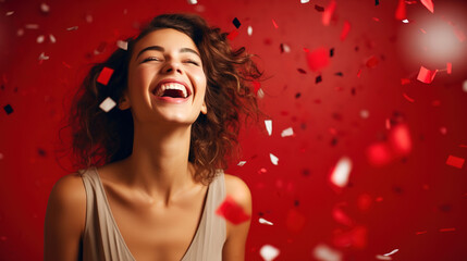 a Young Woman laughing while bright confetti falls over, in the style of studio portraiture, bright daylight, delicate, red background