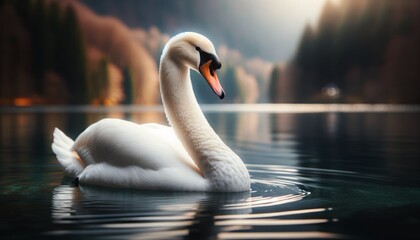 Close-up photograph of a swan (Cygnus olor) swimming in a lake, displaying elegant white feathers and a peaceful demeanor.
