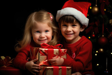 Fototapeta na wymiar Excitement and joy of children unwrapping Christmas presents