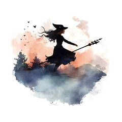Naklejka premium Watercolor cute clipart halloween witch flying on broom on transparent background. sublimation, tshirt, mug, pillow, tumbler, print